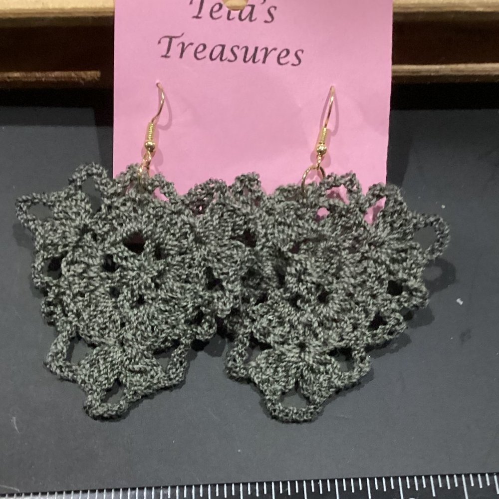 Earrings Khaki Green Triangle Crocheted Crochet Hand Crafted